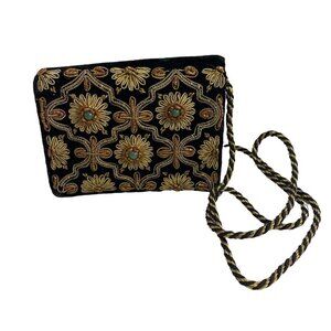 #4671 Vintage Velour black embroiderd purse, very small with shoulder strap